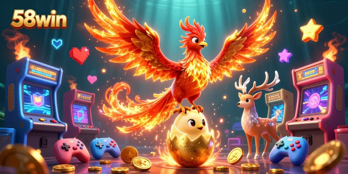 Engage with 58win's exciting gaming scene featuring a phoenix, baby chick, and vibrant game elements.