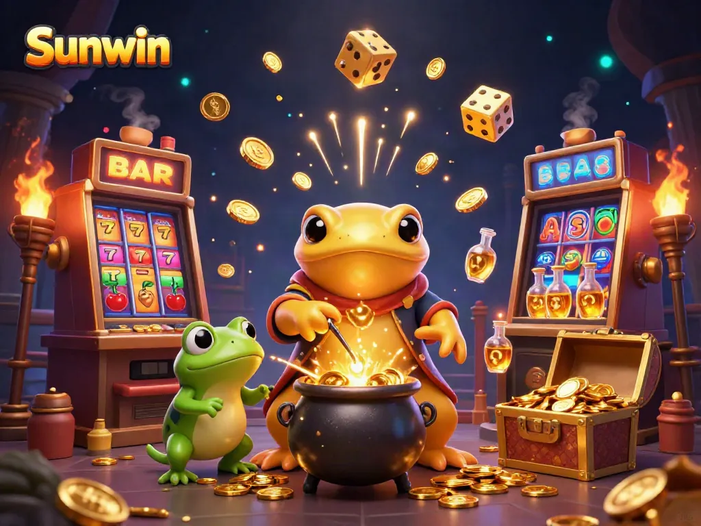 Experience the thrill of Sunwin with a golden alchemist, slots, and winning symbols
