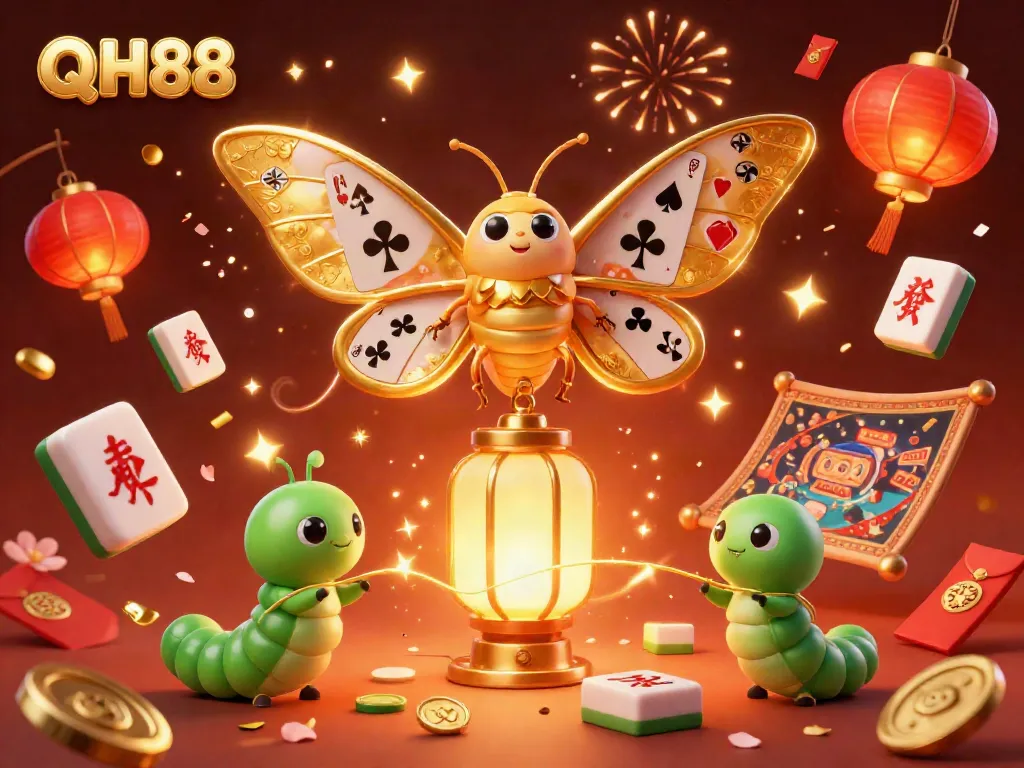 Experience the vibrant world of QH88 with a majestic 3D moth illustration showcasing casino elements in a dynamic setting.