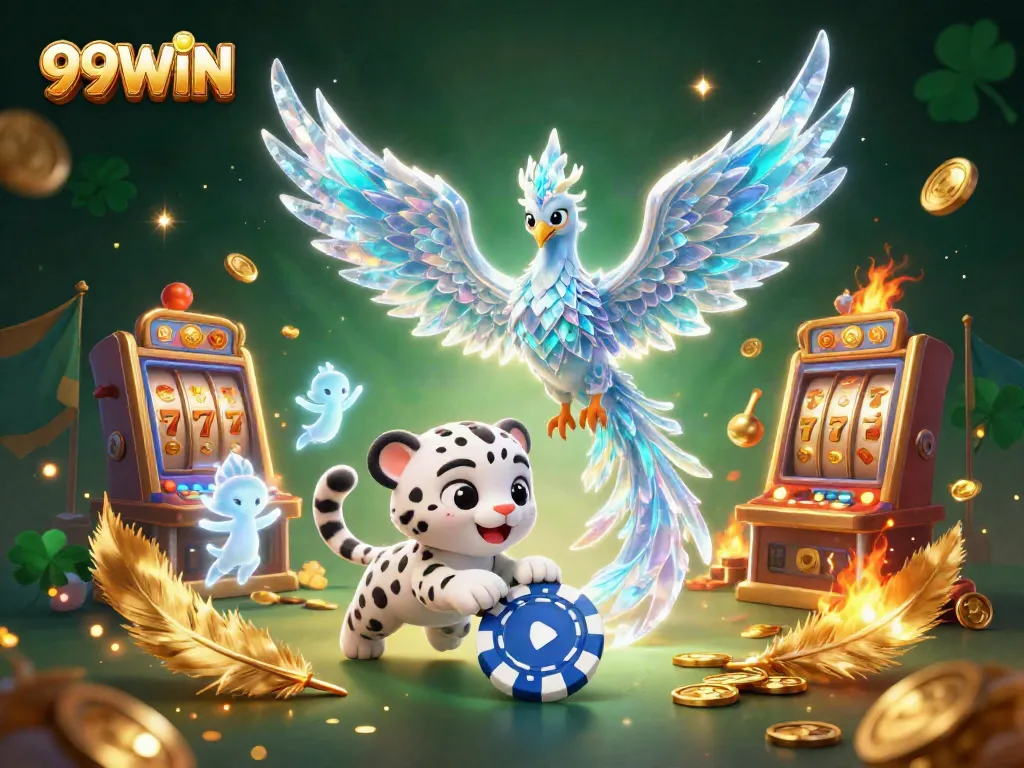 Experience thrilling casino adventures with 99WIN's vibrant illustration of an ice phoenix and engaging game elements.