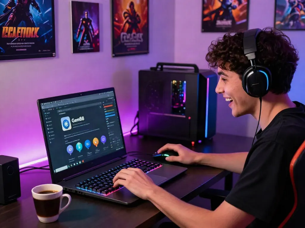 Engaged gamer using Gem88 platform on laptop in vibrant setup.