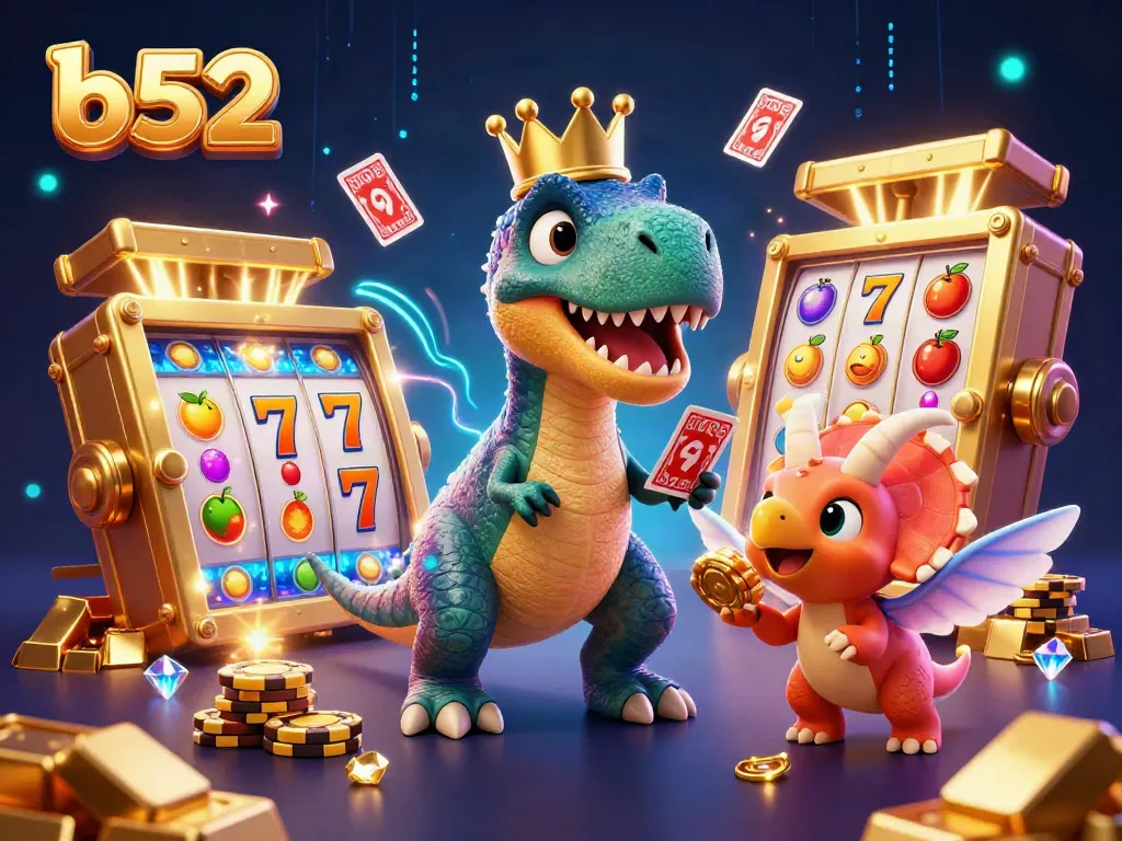 Experience thrilling b52 casino action with a T-Rex shuffling cards and winning golden chips.