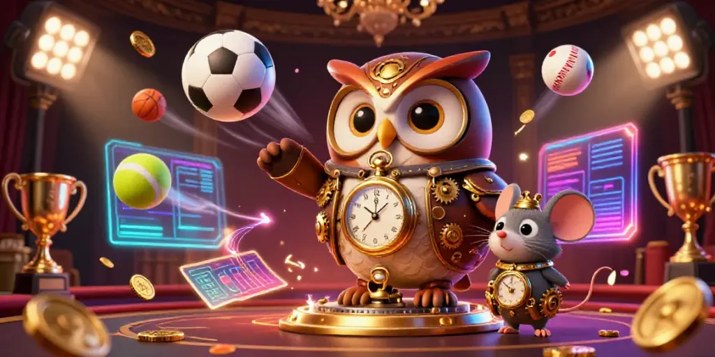 Engage with 23WIN in this vibrant casino scene featuring a time-traveling owl and dynamic sports elements.