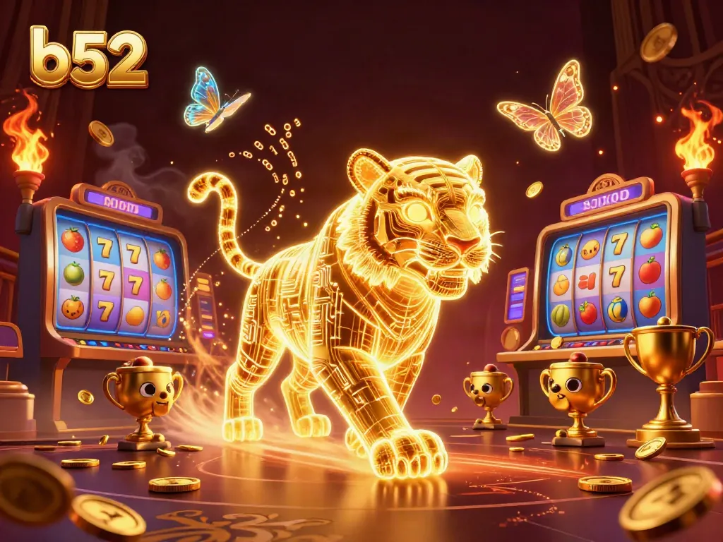 Engage in B52 casino games with a vibrant digital scene featuring a golden tiger and exciting jackpots.