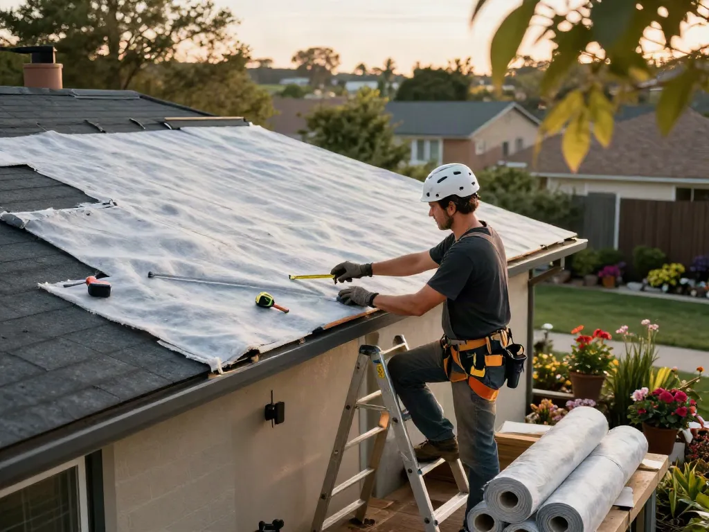 Professional roofer inspecting felt roofing materials in a suburban backyard.