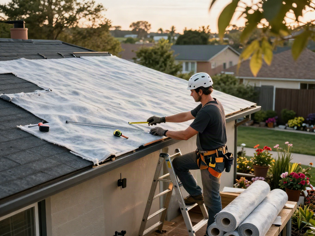 Professional roofer inspecting felt roofing materials in a suburban backyard.