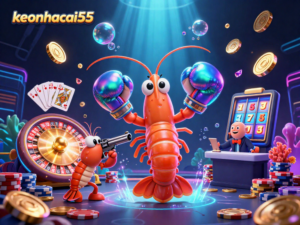 Engage in thrilling games with keonhacai55 as vibrant characters celebrate casino wins amid cascading coins.