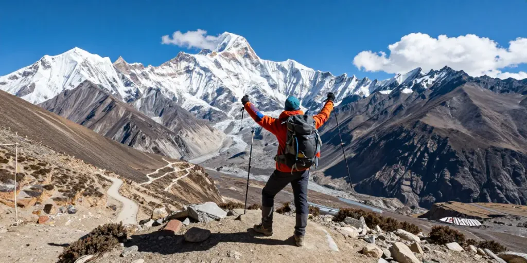 Senderista en el Manaslu Circuit, con vistas impresionantes desde el paso Larkya La, rodeado de picos nevados y valles profundos.