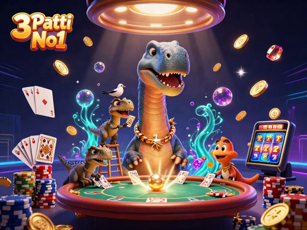 3 Patti No1 combines vibrant casino elements with a playful dinosaur scene, showcasing dynamic gameplay.