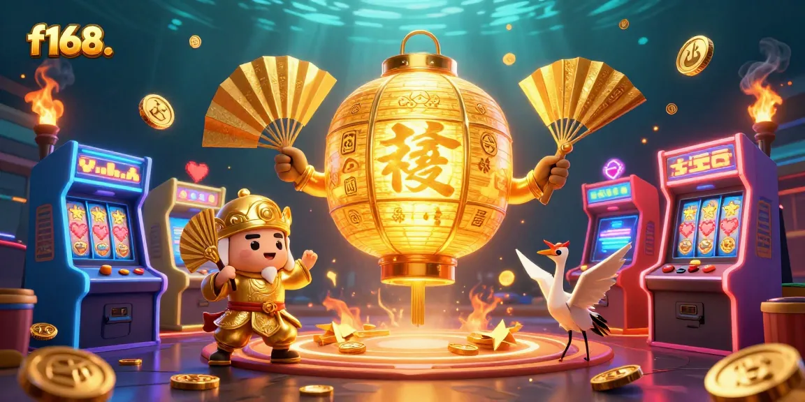 Engage with vibrant f168. casino scenes featuring golden lanterns, arcade games, and lucky symbols.