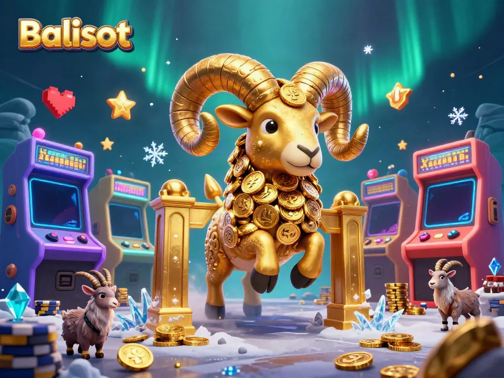 Balislot showcases thrilling 3D casino action with a golden ram, arcade elements, and vibrant gaming atmosphere.
