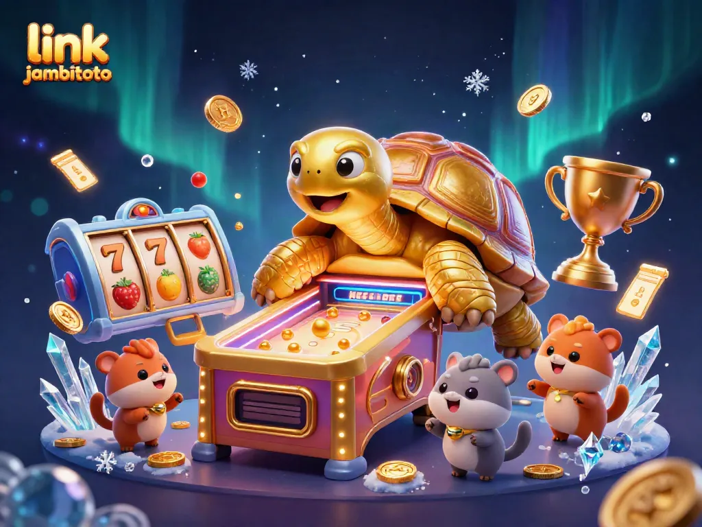 Engage with link jambitoto gameplay featuring a vibrant scene of slots and a golden tortoise pinball setup.