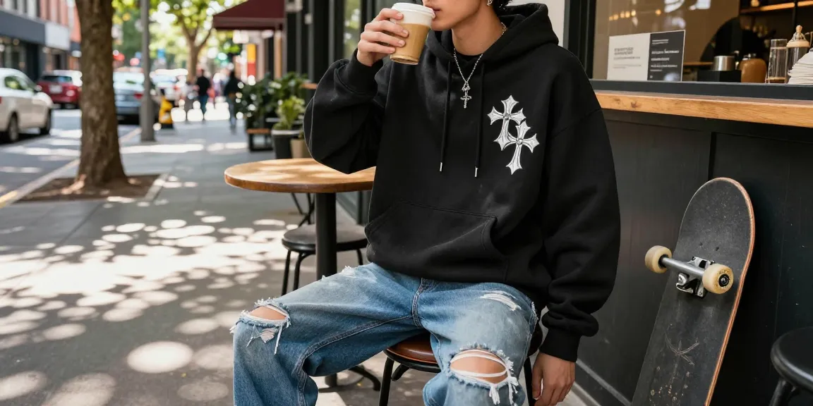 Fashionable individual in a Chrome Hearts hoodie enjoying coffee in a trendy café.
