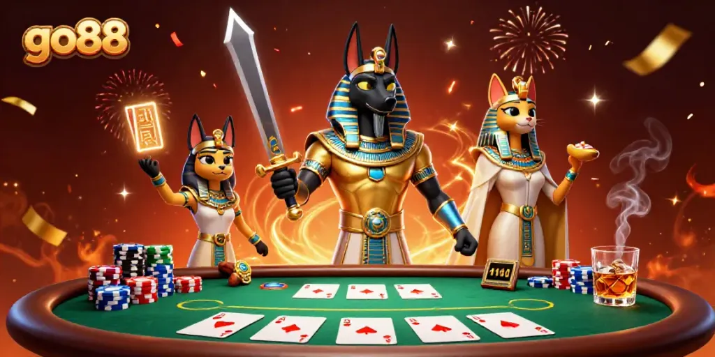 Join the exciting go88 casino adventure with Anubis and Bastet amidst vibrant poker action!