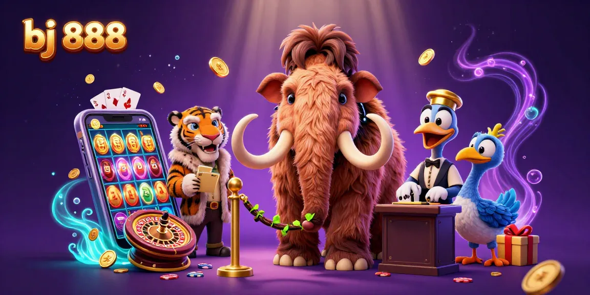 Experience the excitement of bj 888 with a vibrant 3D casino scene featuring a woolly mammoth bouncer.
