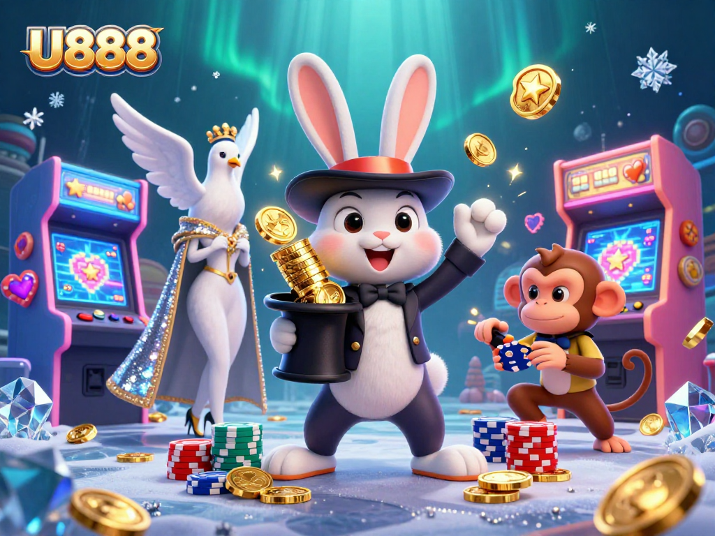 U888 enhances the gaming experience with a magical scene of a rabbit, dove, and monkey sharing golden coins and poker chips.