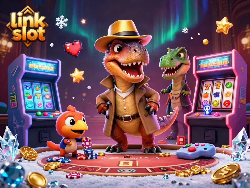 Experience the excitement of link slot gameplay with this vibrant 3D illustration, featuring a velociraptor at the table.