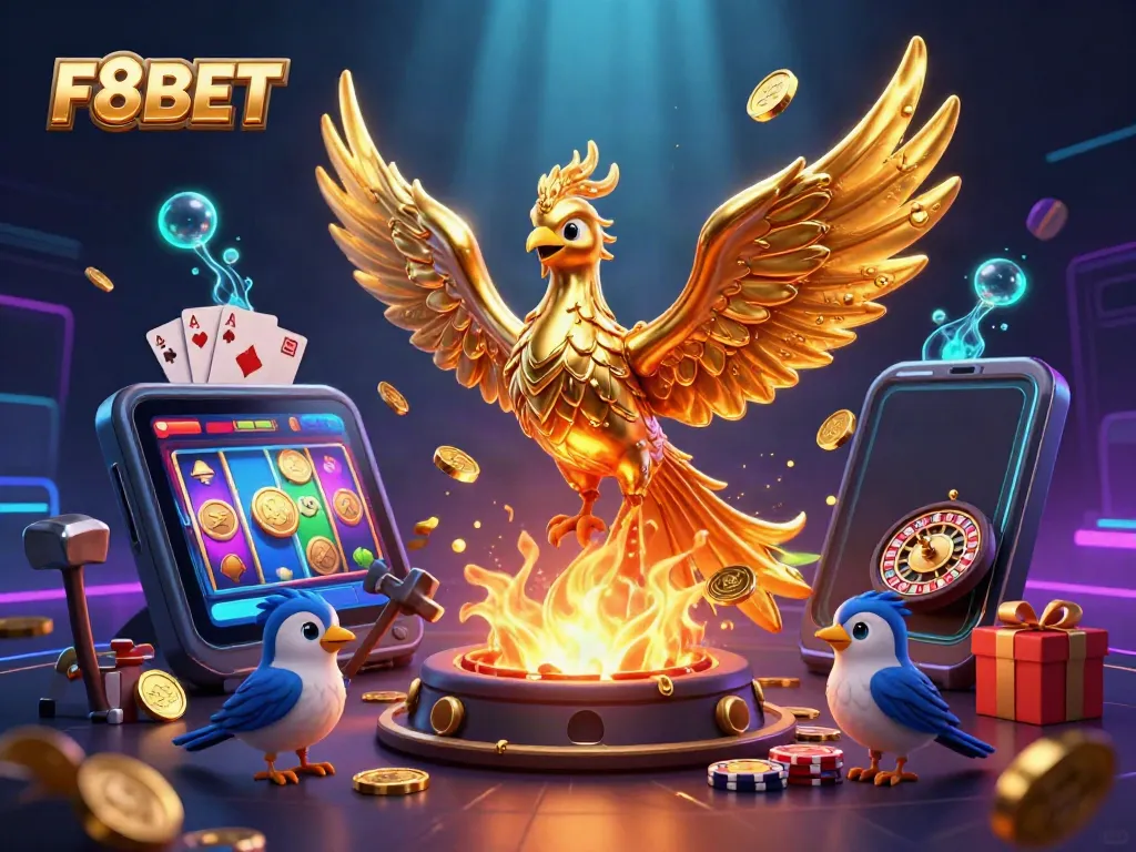 Engage with F8BET's thrilling gaming experience featuring a molten phoenix, gold coins, and dynamic casino elements.