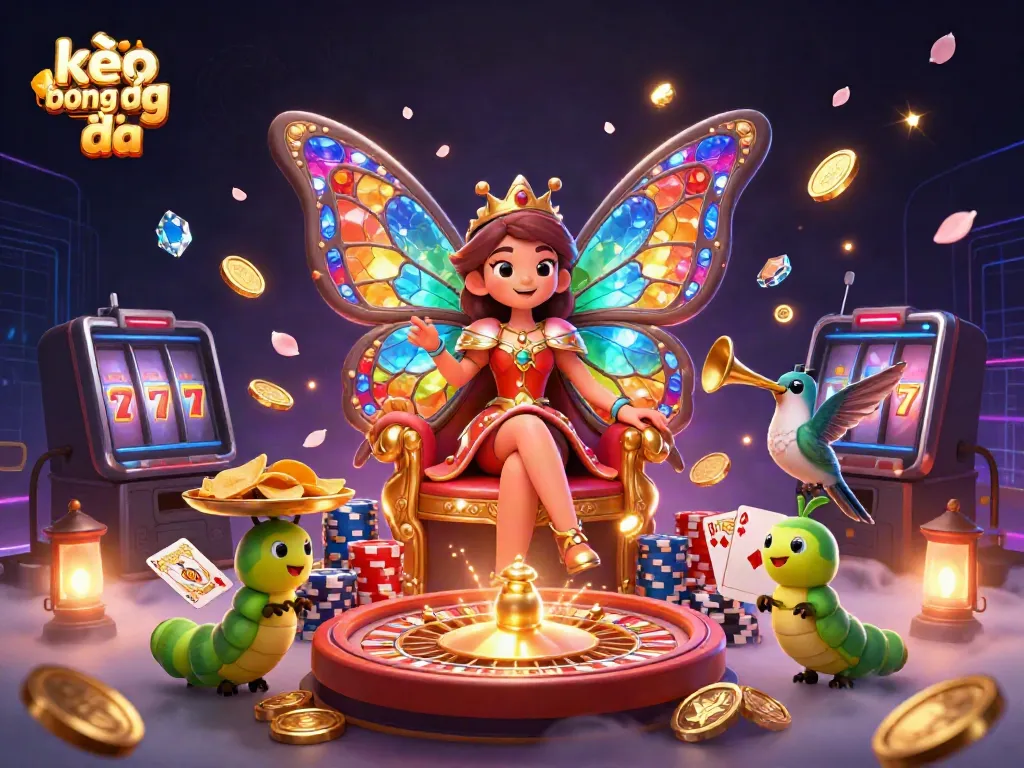 Bet on kèo bóng đá with a vibrant visual of the butterfly queen and dynamic gaming elements.