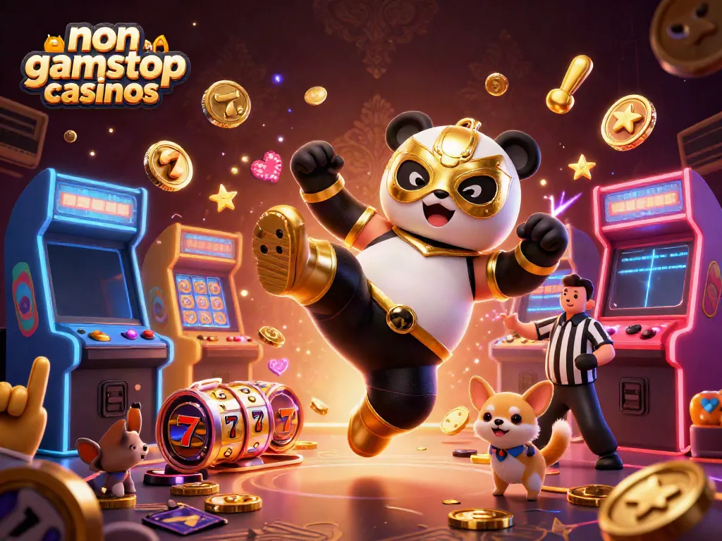 Exciting scene of non gamstop casinos with a panda wrestler kicking in a vibrant casino environment.