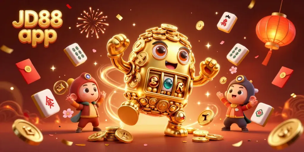 Experience excitement with JD88 app, featuring a golden golem and festive gambling elements in a colorful scene.