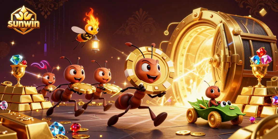 Engage with sunwin's thrilling cartoon heist scene, showcasing a team of ants in a vibrant casino adventure.
