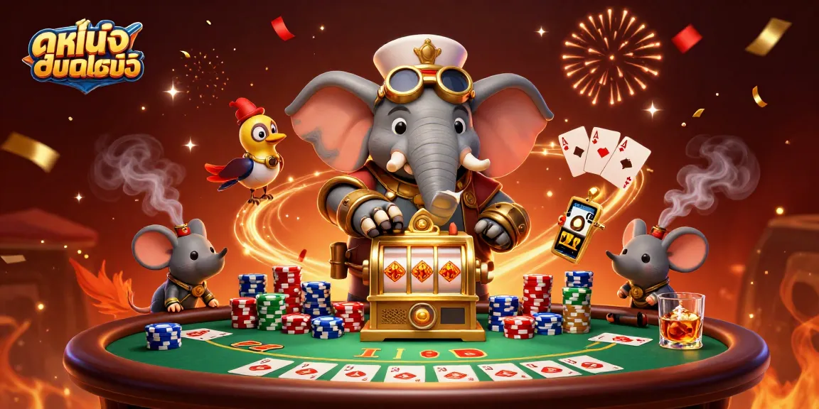 Spin and win with ดูหนังออนไลน์ as a steampunk elephant operates the golden slot machine.