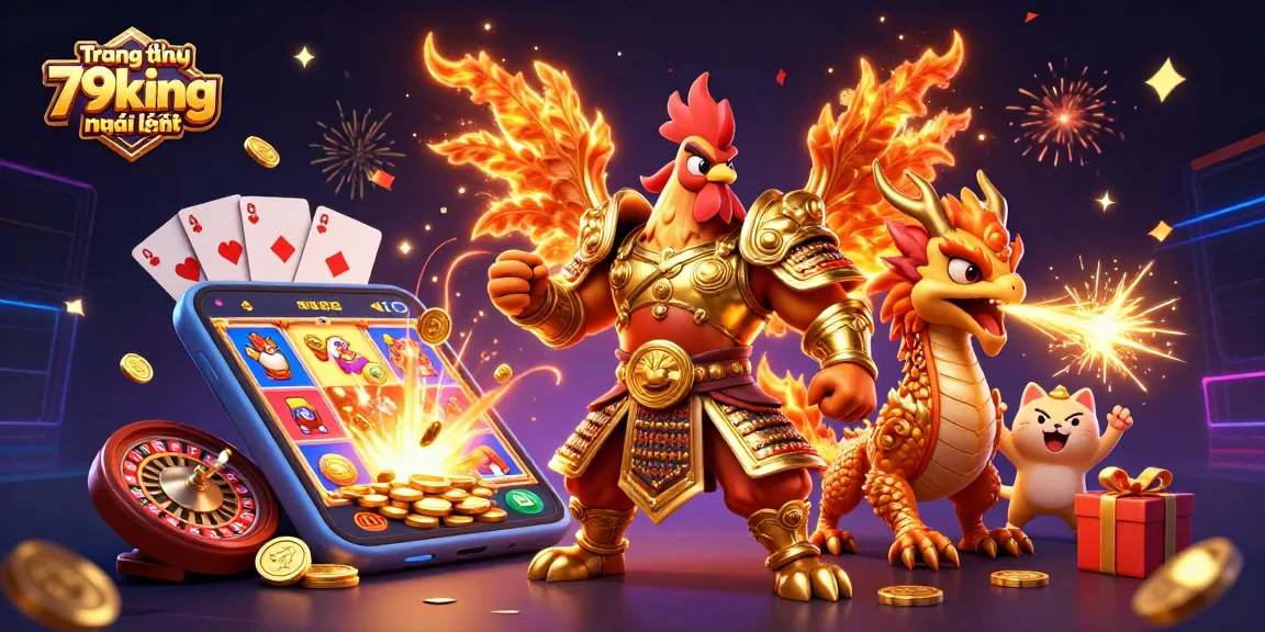 Experience the excitement at Trang chủ 79king mới nhất with a fierce rooster warrior and dragon in a dynamic casino scene.