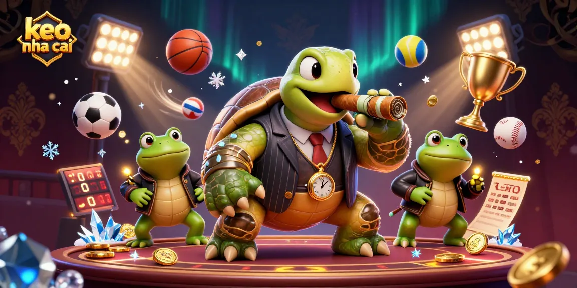 Experience keo nha cai betting excitement with a cartoon turtle mobster and sports elements.