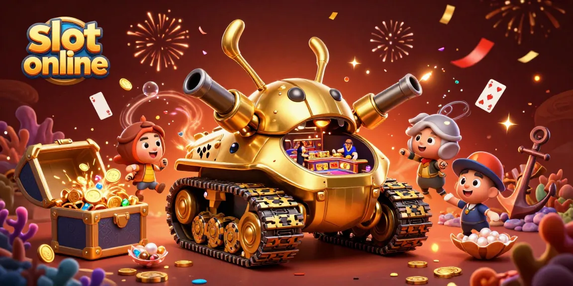Experience the excitement of slot online with a dazzling casino scene featuring a golden beetle tank in this vibrant 3D illustration.