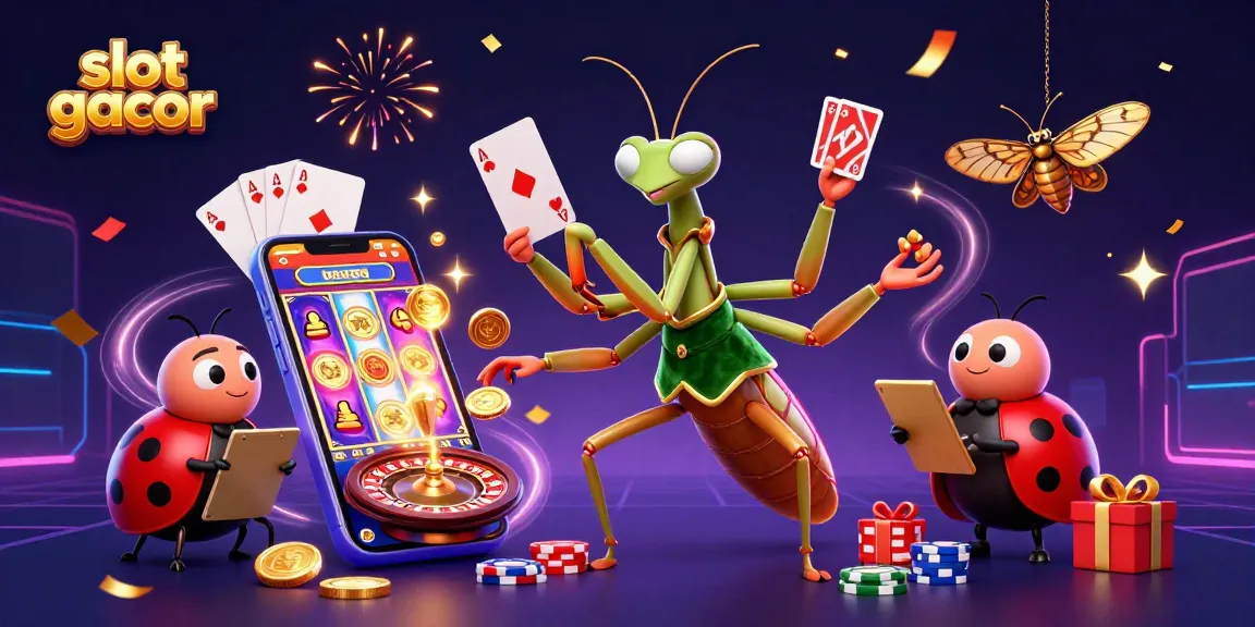 Engage with thrilling slot gacor games as a giant mantis card sharp deals cards and pours champagne in a lively casino.
