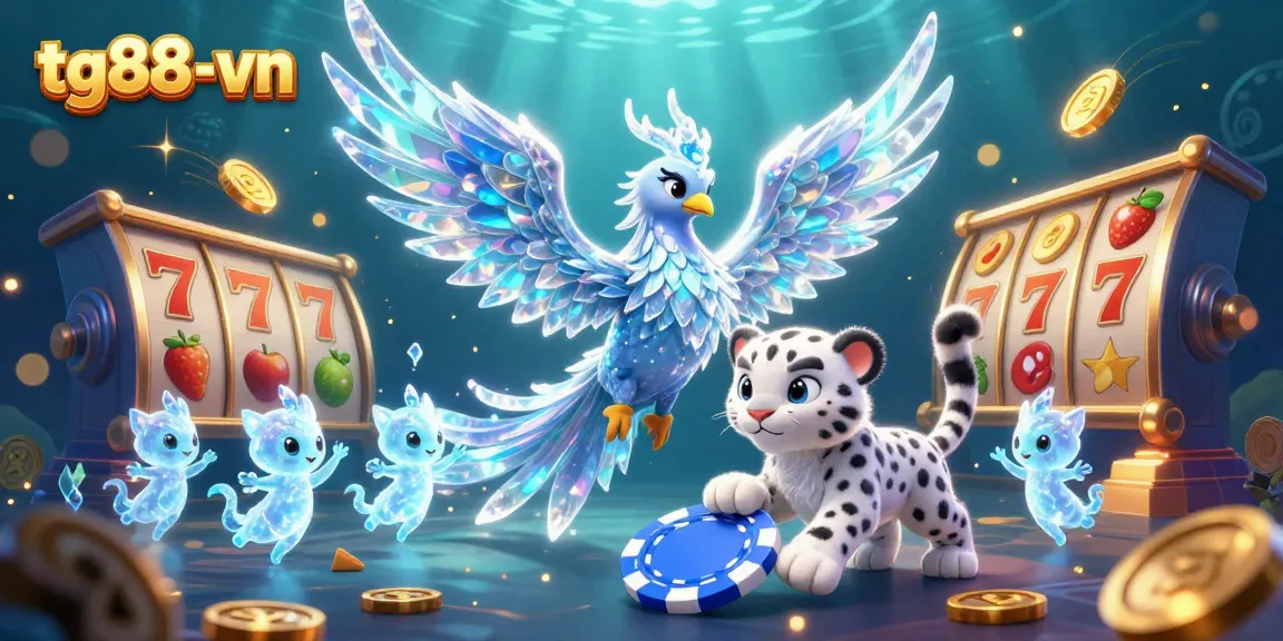 Engage with tg88-vn's dynamic slot gaming scene featuring a vibrant ice phoenix and playful ice sprites.