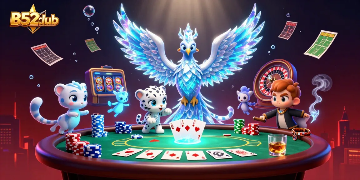 B52club showcases exhilarating gaming action with a vibrant 3D illustration featuring an ice phoenix, poker elements, and lively sprites.
