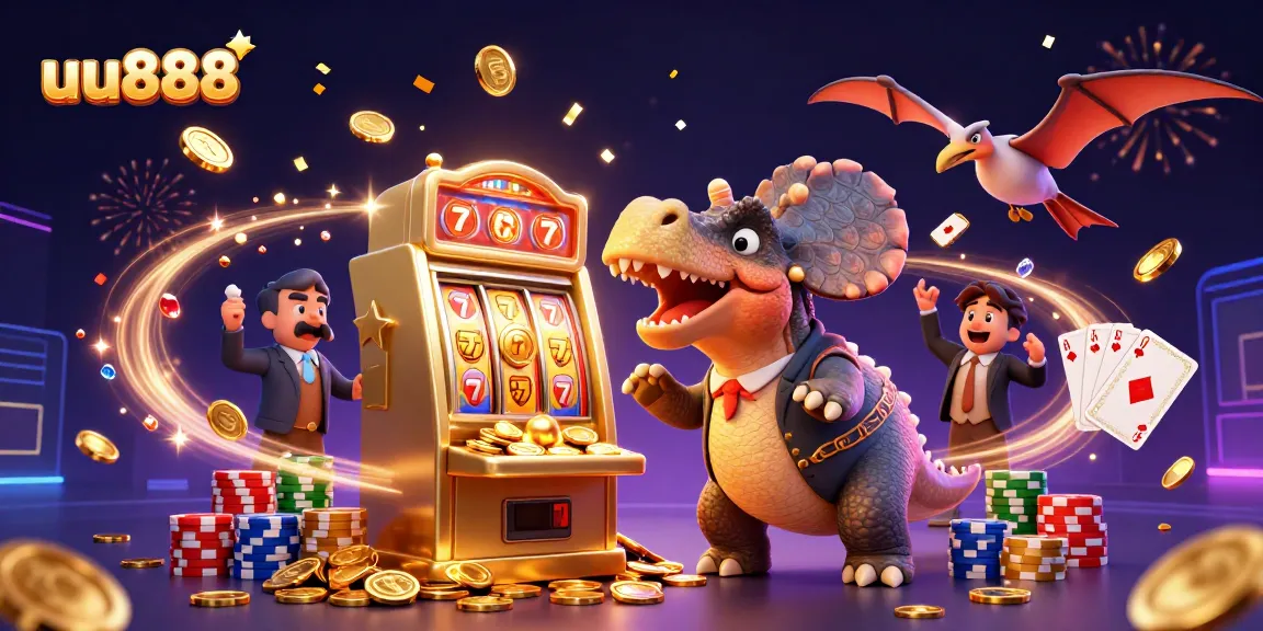 uu888 slots scene with a dinosaur headbutting a jackpot machine and coins flying everywhere