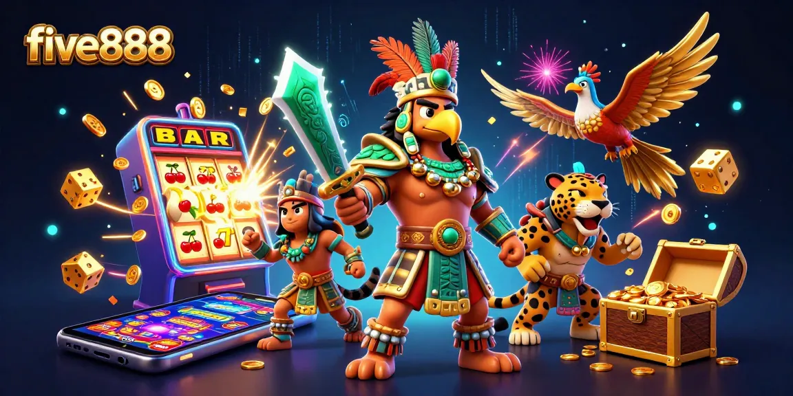Experience thrilling jackpots with five888's Aztec-inspired casino illustration filled with vibrant gaming elements.