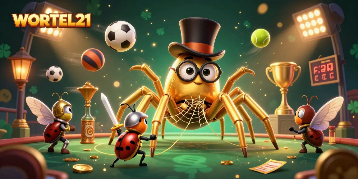 Engage in thrilling gameplay with WORTEL21, surrounded by vibrant casino elements and animated characters.