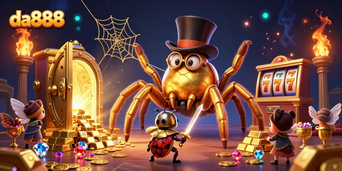 Experience the excitement of da888 with a dynamic casino illustration showcasing a golden tarantula and gaming elements.