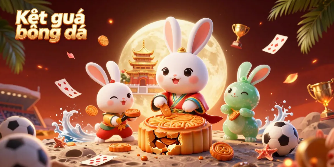 Kết quả bóng đá interactive scene, showcasing a moon rabbit with poker chips, vibrant sports elements integrated.