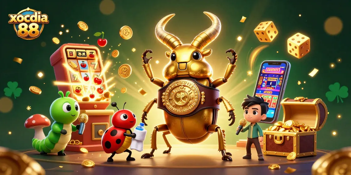 Xocdia 88 brings excitement with a vibrant 3D scene featuring a golden stag beetle, ladybug, and jackpot elements.