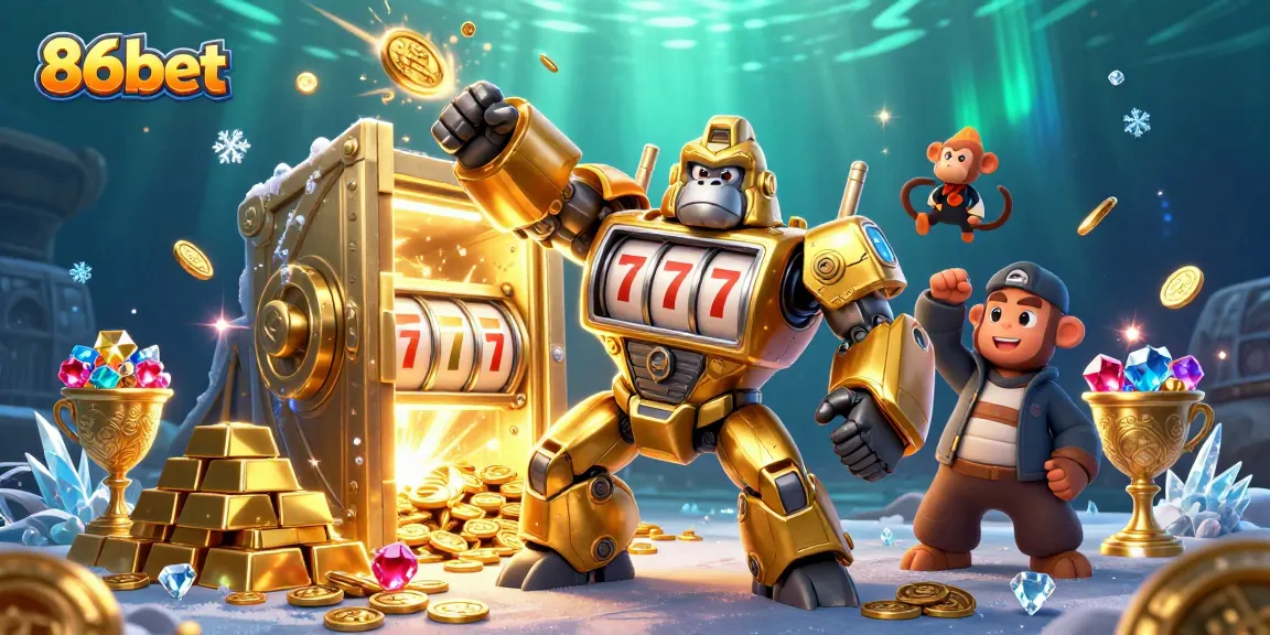 Experience the thrill of 86bet with a dynamic golden gorilla mech and vibrant casino elements.