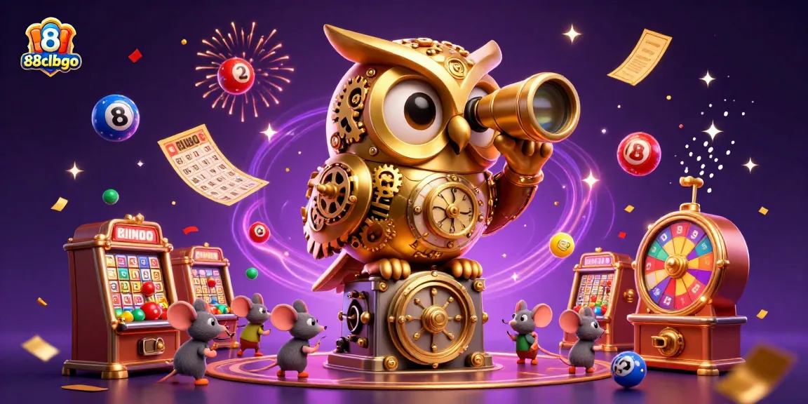 Experience the thrill of 88clbgo with a lively 3D casino scene featuring an animated golden owl and dynamic gambling elements.