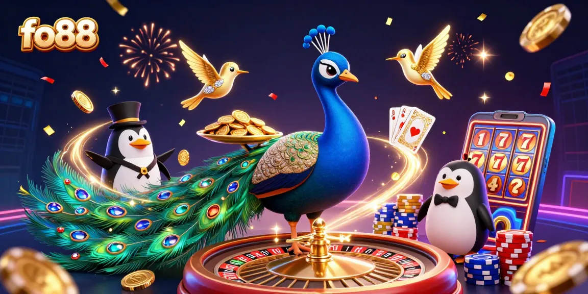Win big at fo88 with a vibrant casino scene featuring a peacock, penguin, and hummingbird.