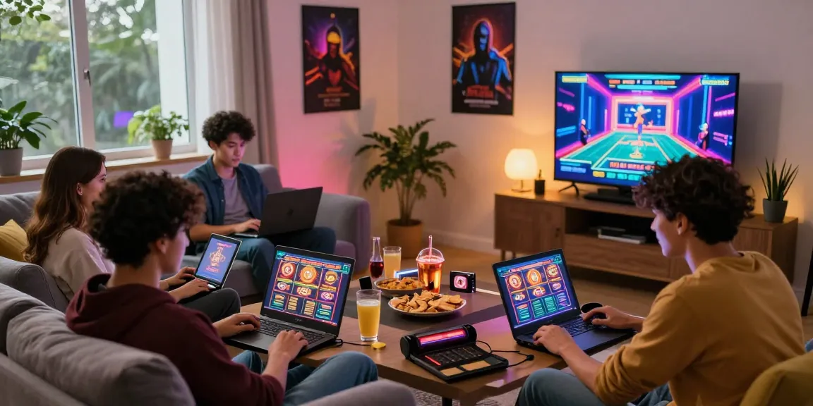 Friends excitedly playing slot gacor games together in a cozy living room setting.