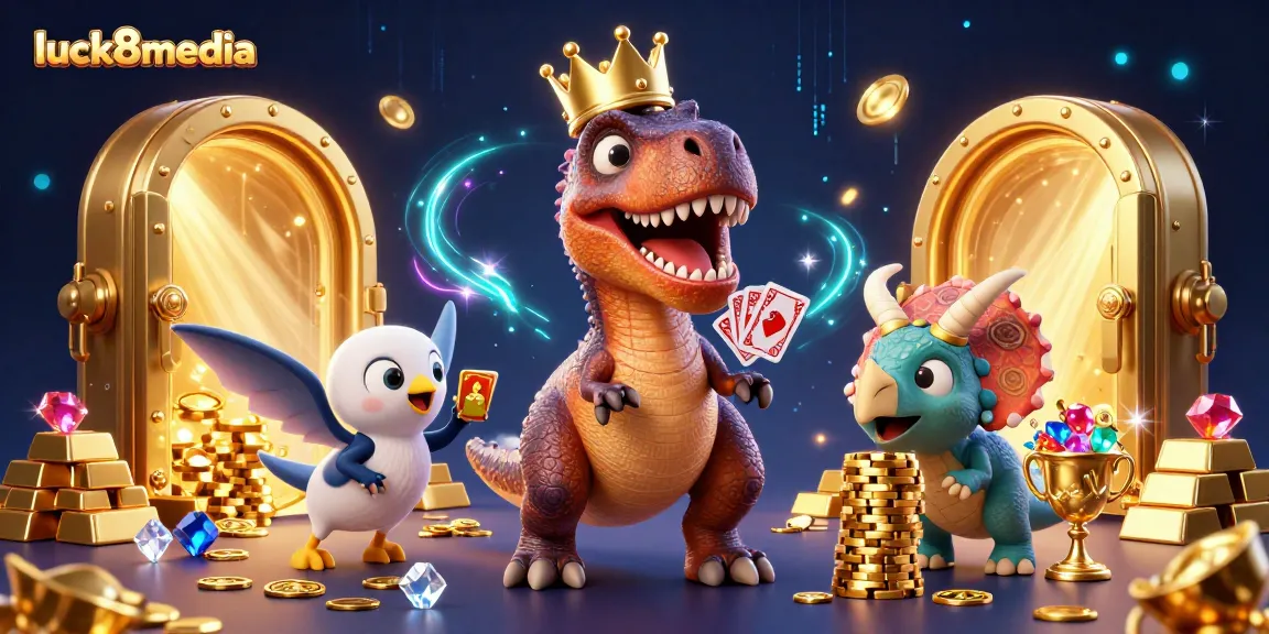 Engage in casino fun with luck8media's T-Rex card shark, pterodactyl assistant, and chip-stacking triceratops.