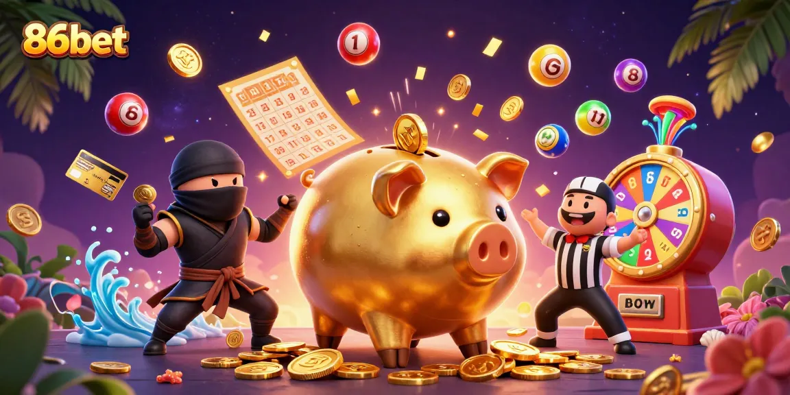 Engage with 86bet's exciting gaming scene featuring golden piggy bank and dynamic casino elements.