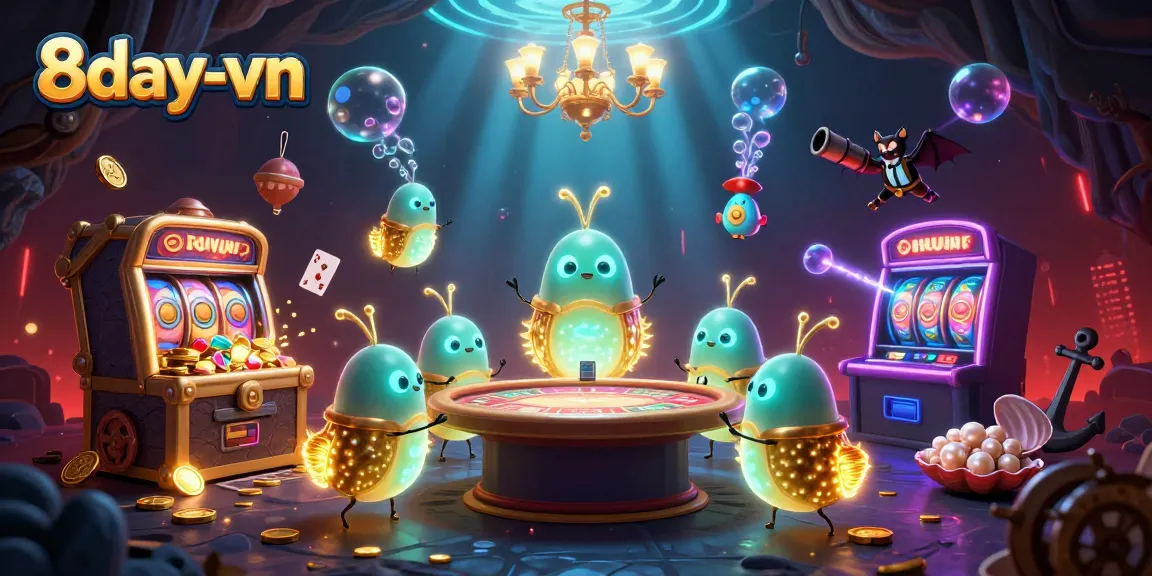 Experience thrilling gaming at 8day-vn, featuring vivid casino scenes with unique glowworms and gold treasures.