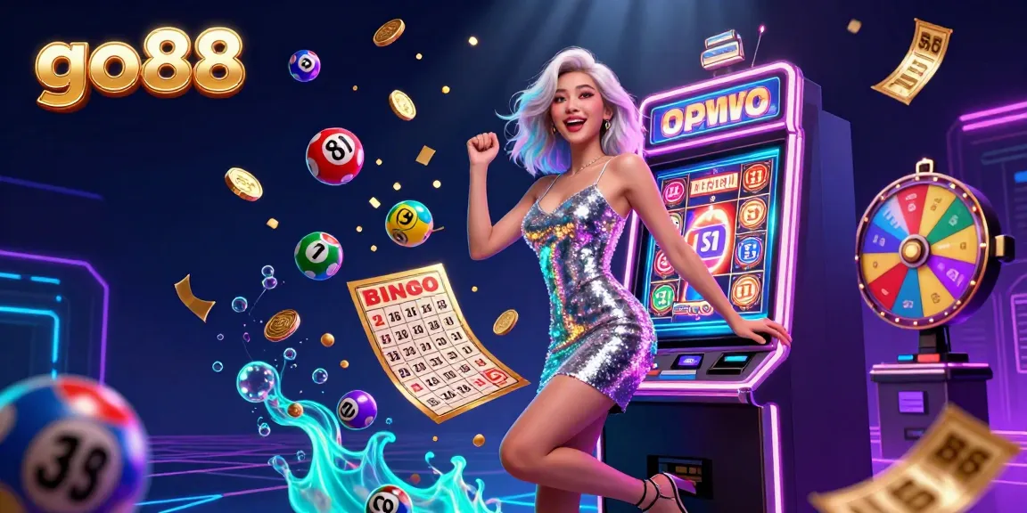 Experience excitement at go88 with a celebratory Asian woman showing a jackpot, golden coins, and dynamic lottery elements.