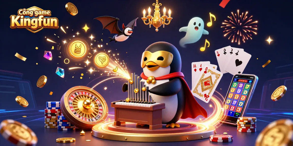 Cổng game Kingfun features a lively casino scene with animated characters and vibrant game elements.
