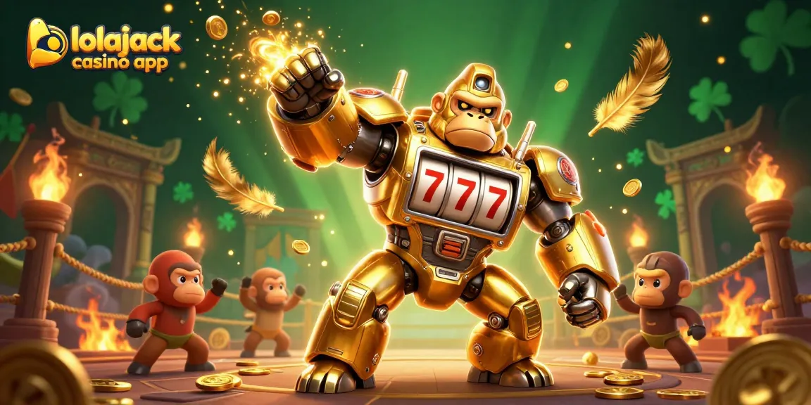 Experience thrilling gameplay with the lolajack casino app featuring a 3D golden gorilla mech surrounded by exciting game elements.