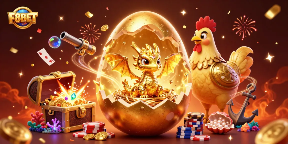 Experience the thrill of F8BET with a dazzling golden egg cracking open to reveal a golden dragon amidst poker chips.